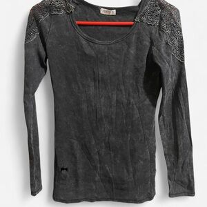 Bear Dance Charcoal Lace Shoulder Long Sleeve Top